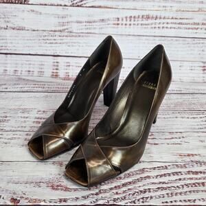 Stuart Weitzman Bonze Peep Toe Pumps 9 Chunky Heel Crossover Classic Lux Event